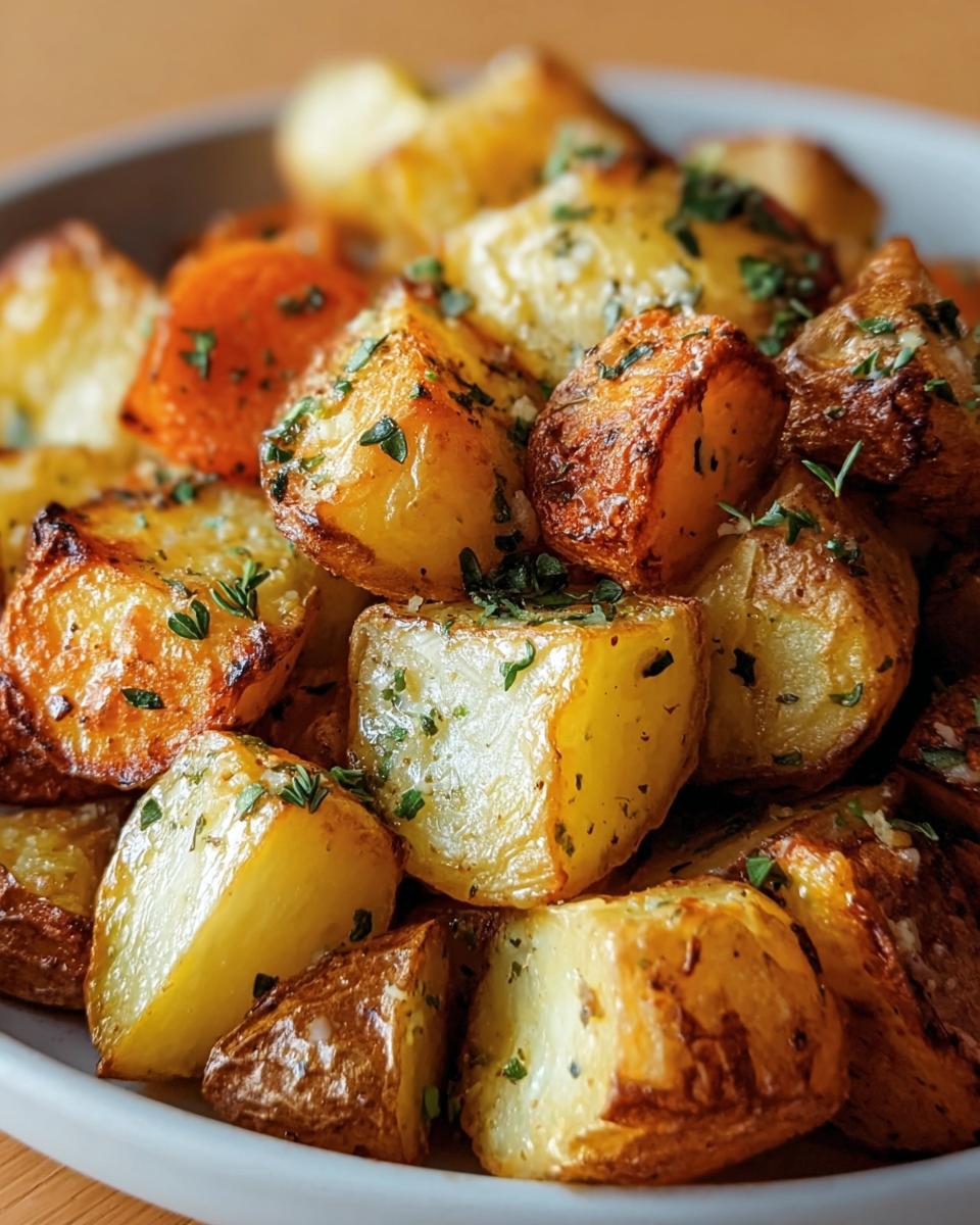 Close-up of Garlic Herb Roasted Potatoes on a plate, showcasing their golden-brown crispiness and herb garnish.
