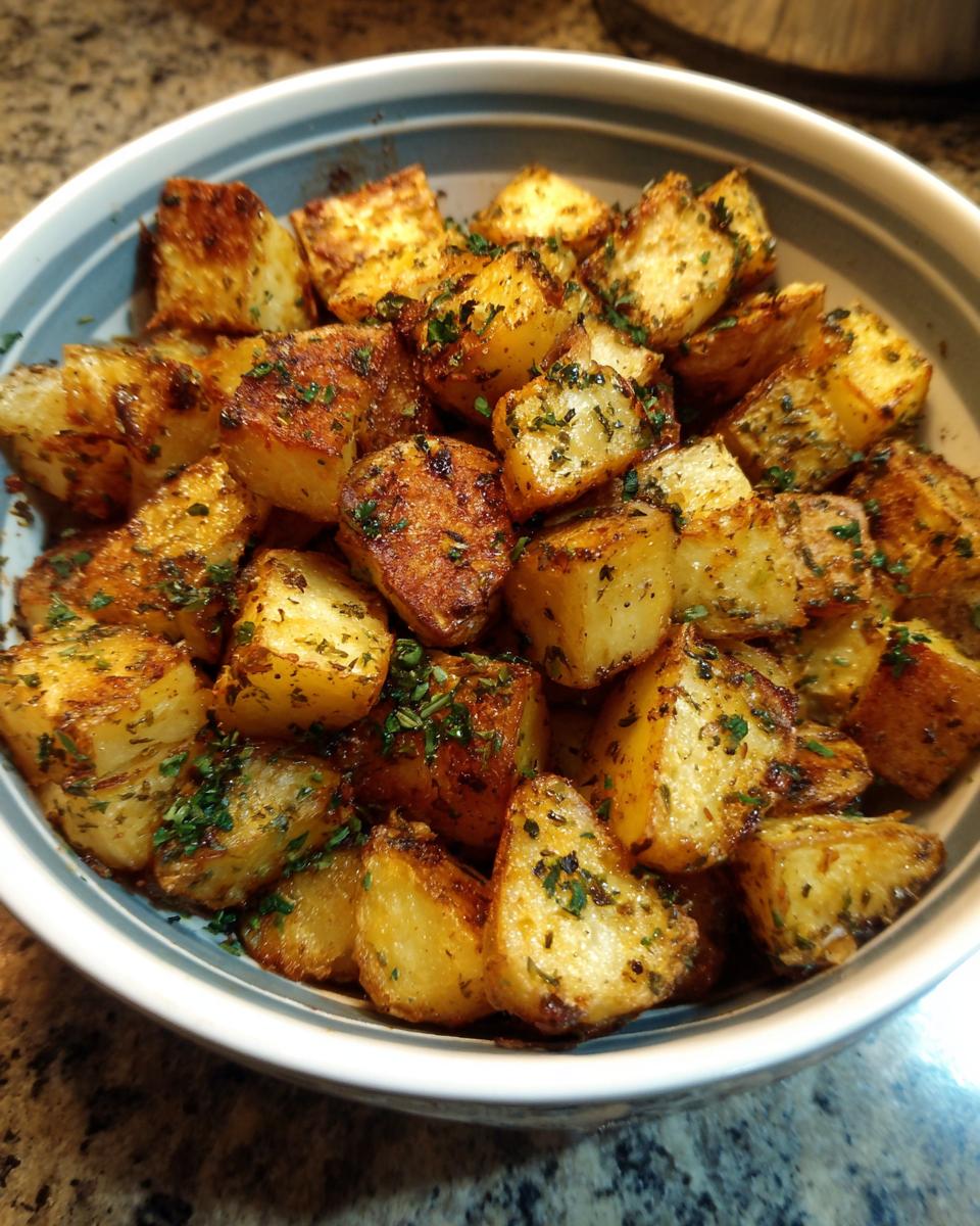 Close-up of Garlic Herb Roasted Potatoes in a bowl, showcasing their golden-brown color and herb seasoning.