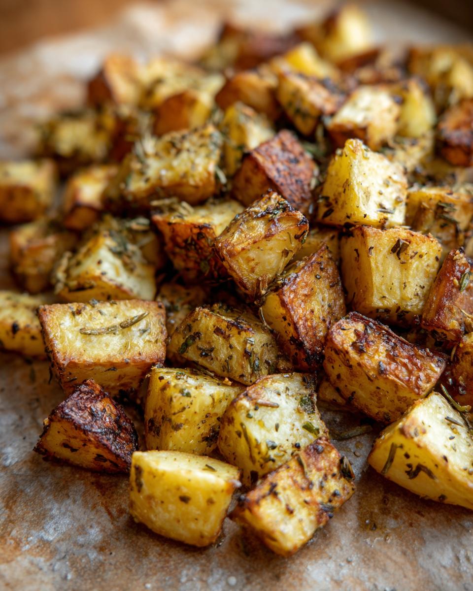 Close-up of Garlic Herb Roasted Potatoes, showing golden-brown edges and herb seasoning.