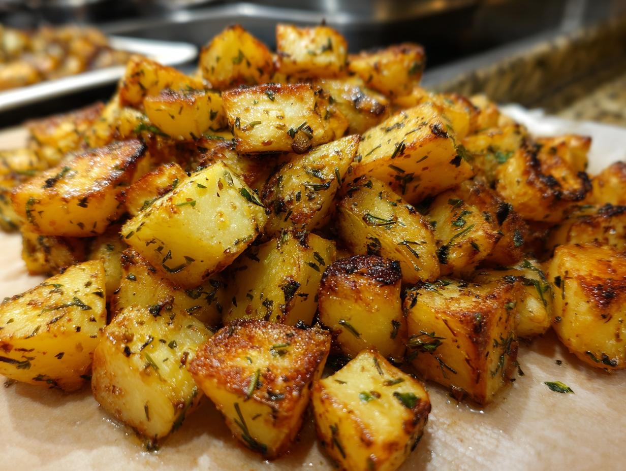 A close-up of Garlic Herb Roasted Potatoes, golden brown and seasoned with herbs, ready to be served.