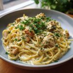 A delicious bowl of Garlic Parmesan Chicken Pasta Recipe, garnished with parsley and parmesan.