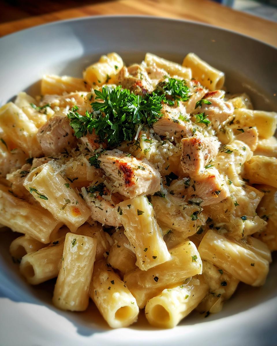 A bowl of creamy Garlic Parmesan Chicken Pasta, topped with fresh parsley and parmesan cheese.