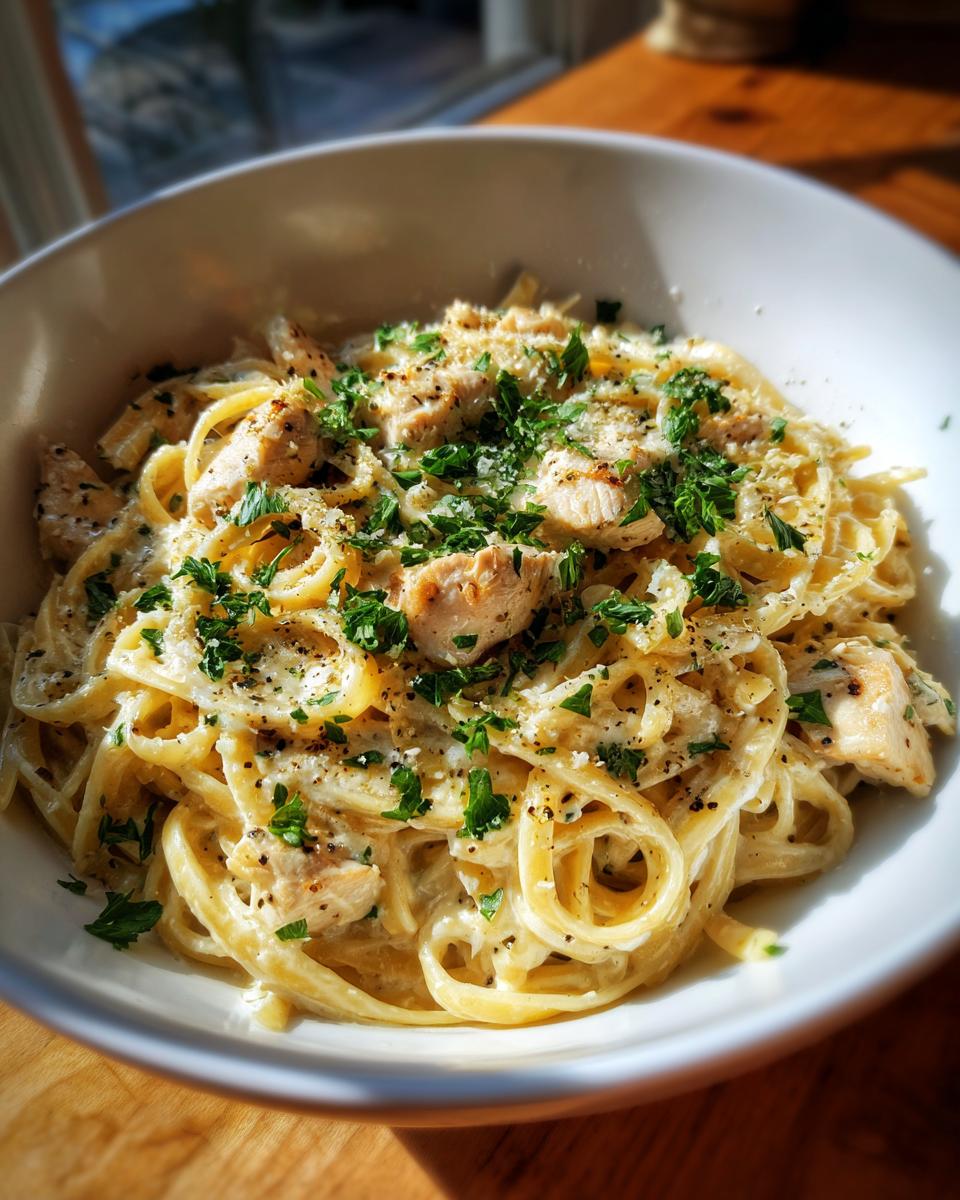 Bowl of creamy Garlic Parmesan Chicken Pasta, garnished with parsley and parmesan cheese.