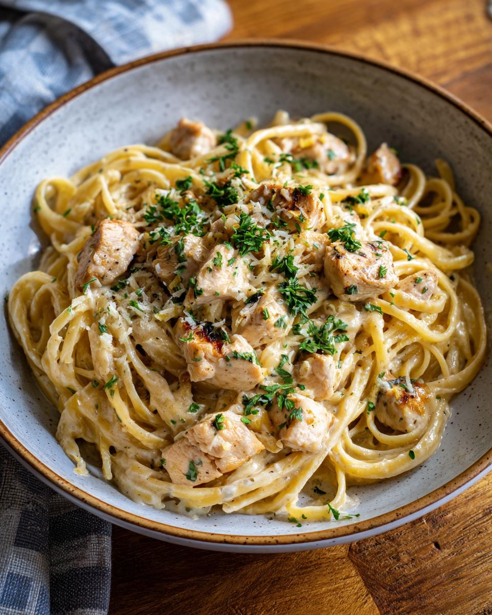 A bowl of creamy Garlic Parmesan Chicken Pasta, garnished with parsley and parmesan cheese.
