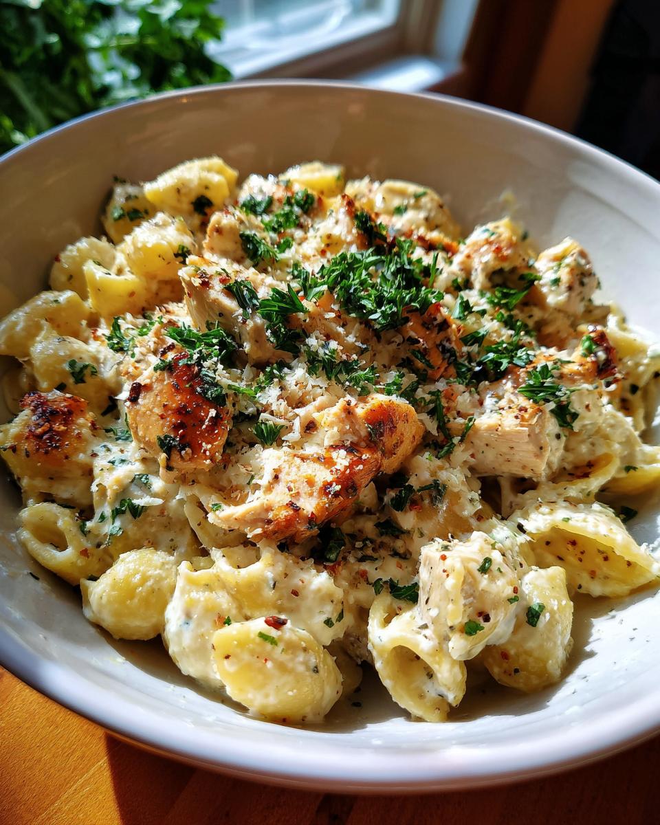 Bowl of creamy Garlic Parmesan Chicken Pasta, garnished with parsley and parmesan cheese.