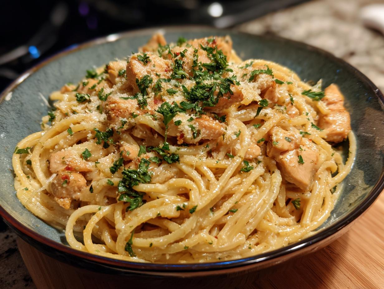 A bowl of creamy Garlic Parmesan Chicken Pasta, garnished with fresh parsley and parmesan cheese.