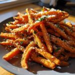 A pile of Garlic Parmesan Sweet Potato Fries, topped with parmesan and herbs, on a gray plate.