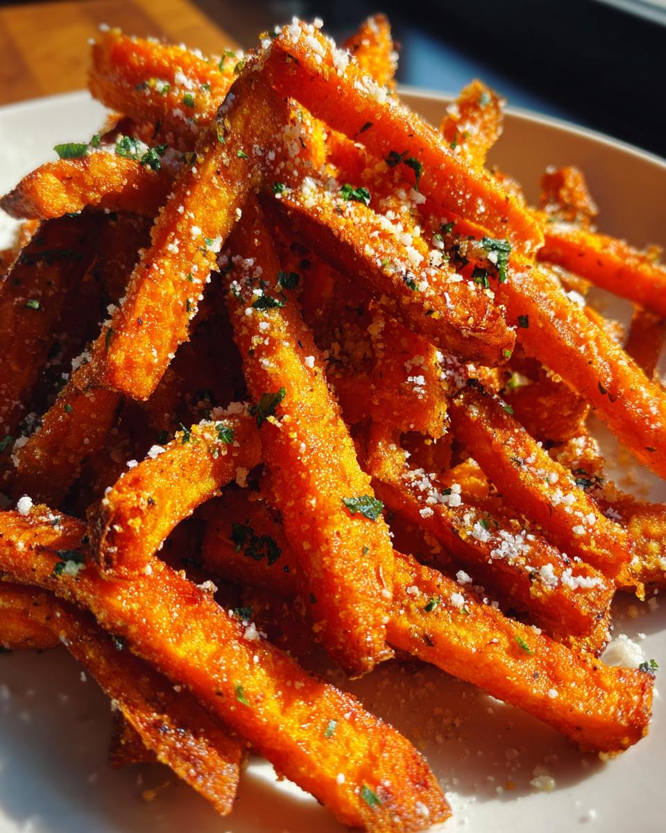 Close-up of Garlic Parmesan Sweet Potato Fries, seasoned with herbs and parmesan cheese.