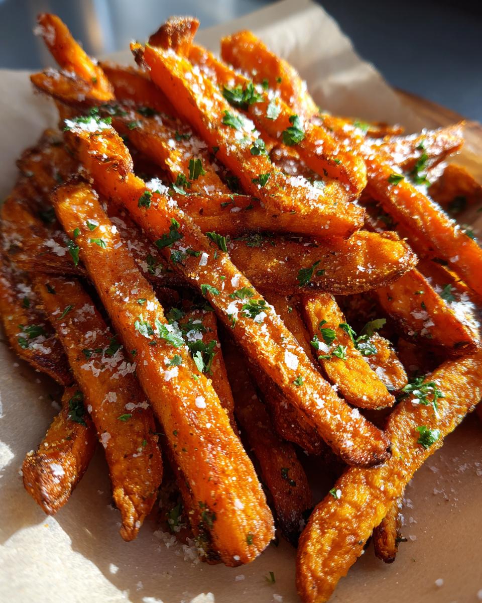 Close-up of Garlic Parmesan Sweet Potato Fries, sprinkled with parmesan cheese and fresh herbs.