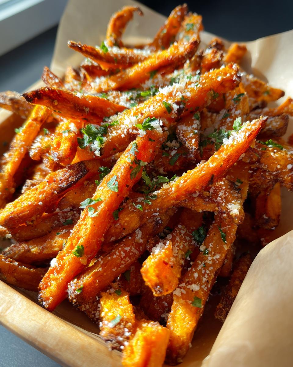 A wooden tray filled with crispy Garlic Parmesan Sweet Potato Fries, sprinkled with parmesan and herbs.