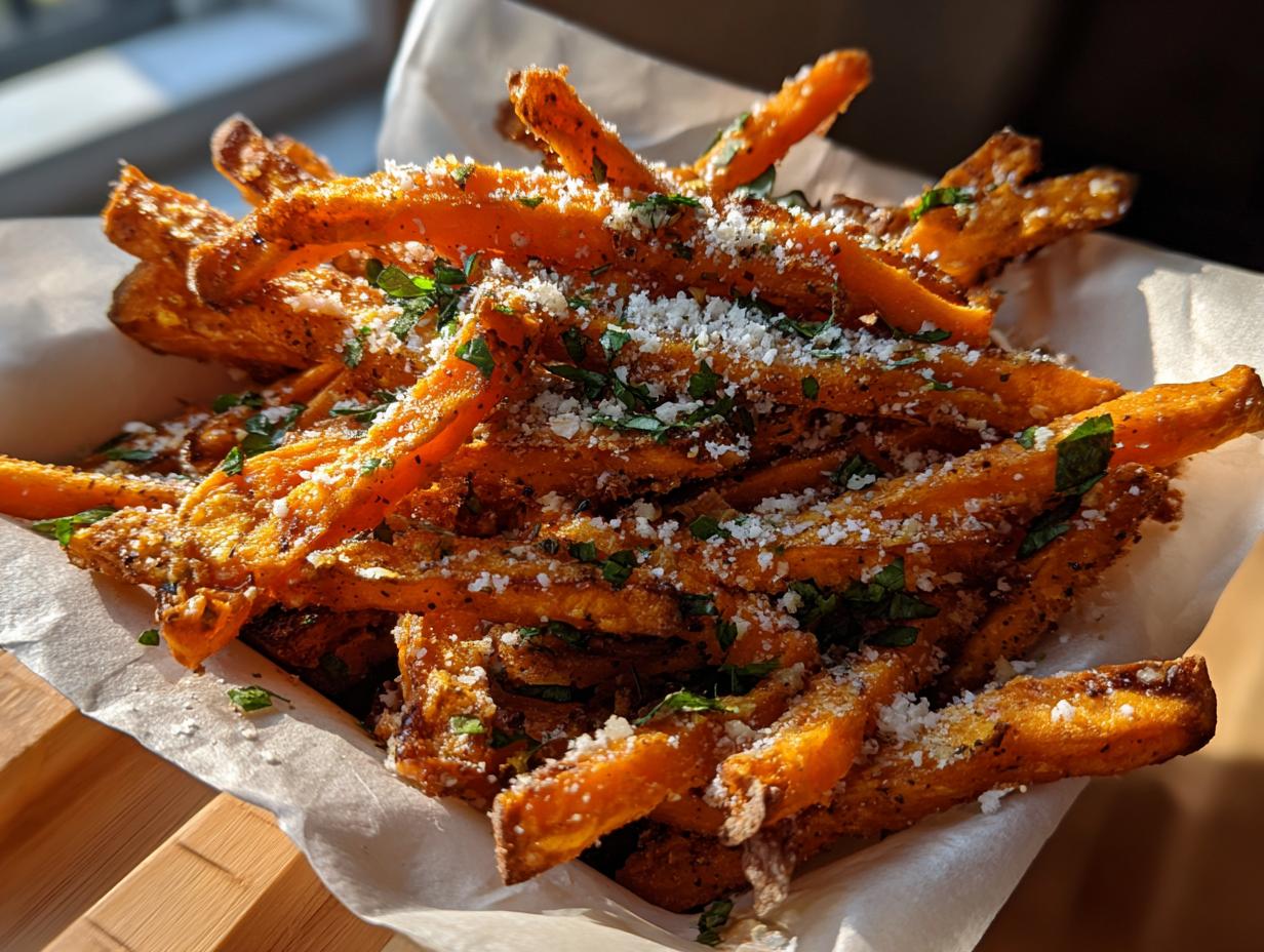 Basket of crispy Garlic Parmesan Sweet Potato Fries, topped with parmesan cheese and herbs.