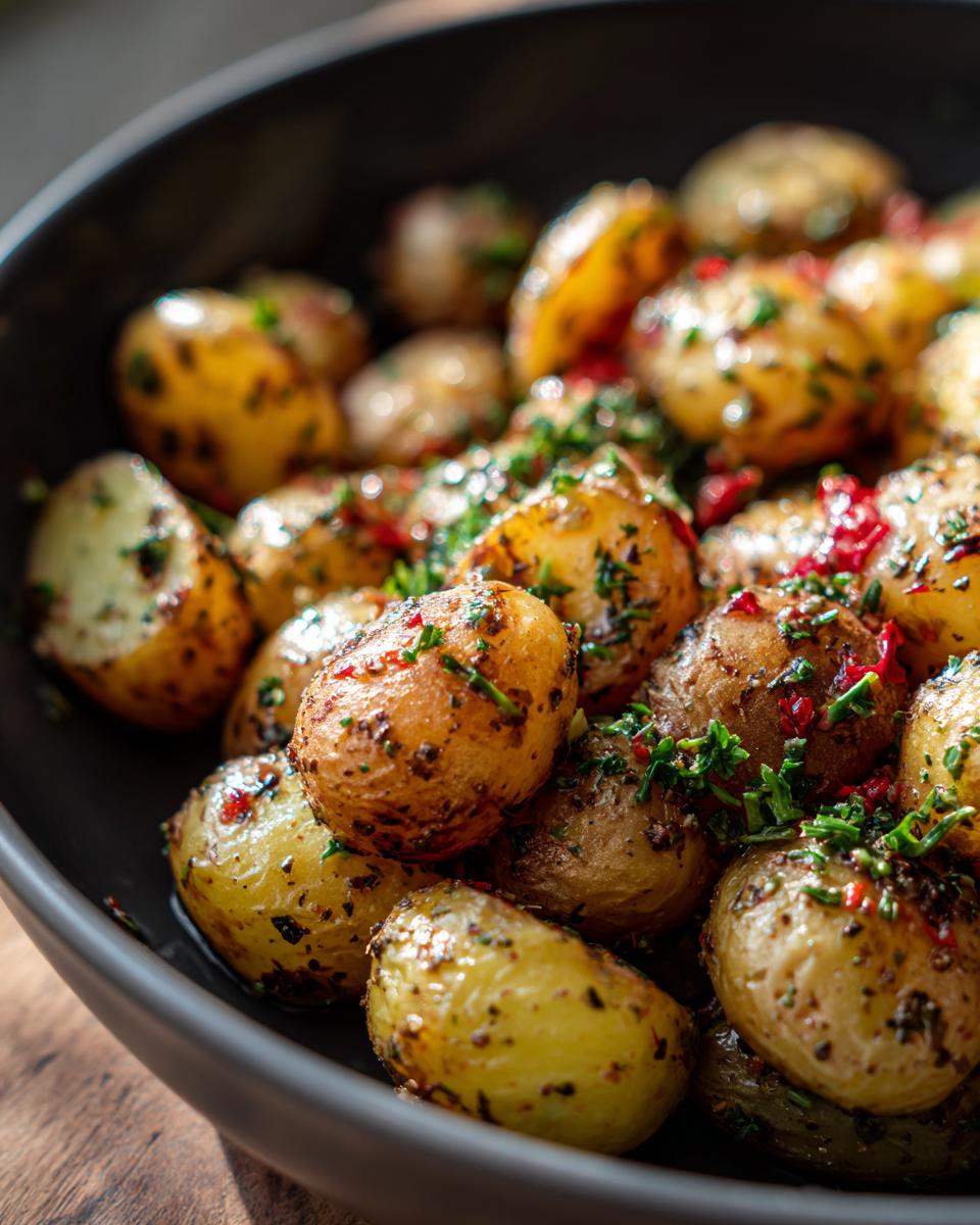 Close-up of Garlic Sauce Baby Potatoes in a black bowl, garnished with herbs and spices.