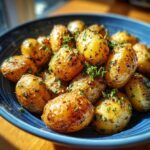 Close-up of Garlic Sauce Baby Potatoes in a blue bowl, garnished with herbs.