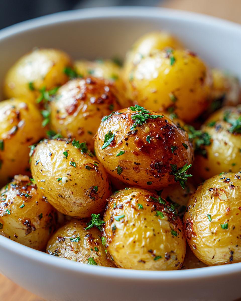 Close-up of Garlic Sauce Baby Potatoes in a white bowl, garnished with fresh herbs.