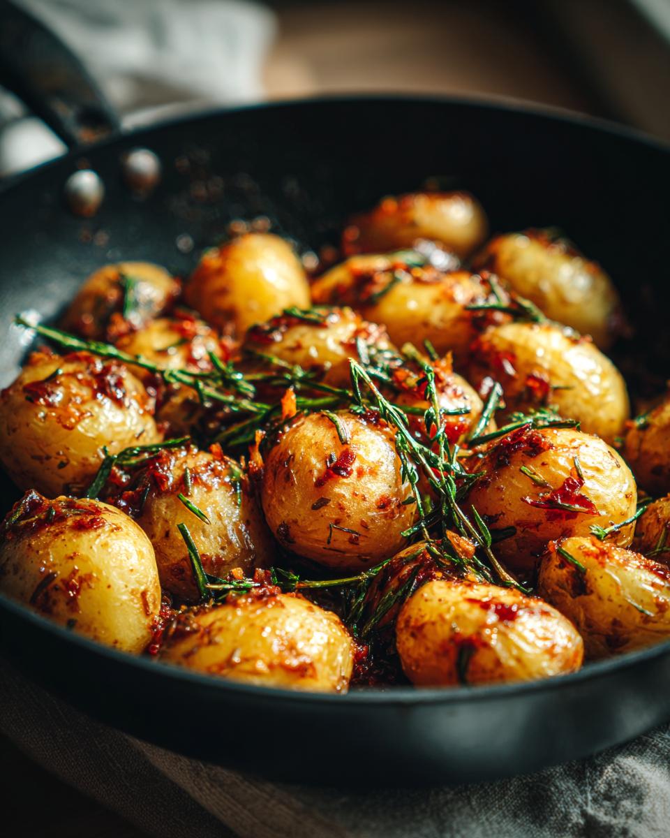 Close-up of Garlic Sauce Baby Potatoes in a skillet, garnished with rosemary.