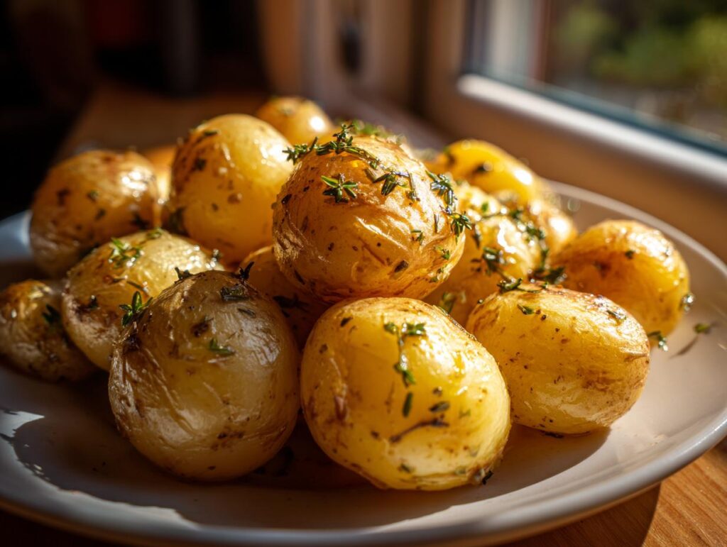 A plate of Garlic Sauce Baby Potatoes, glistening and seasoned with herbs, sits near a window.