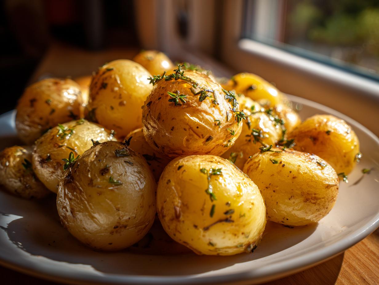 A plate of Garlic Sauce Baby Potatoes, glistening and seasoned with herbs, sits near a window.