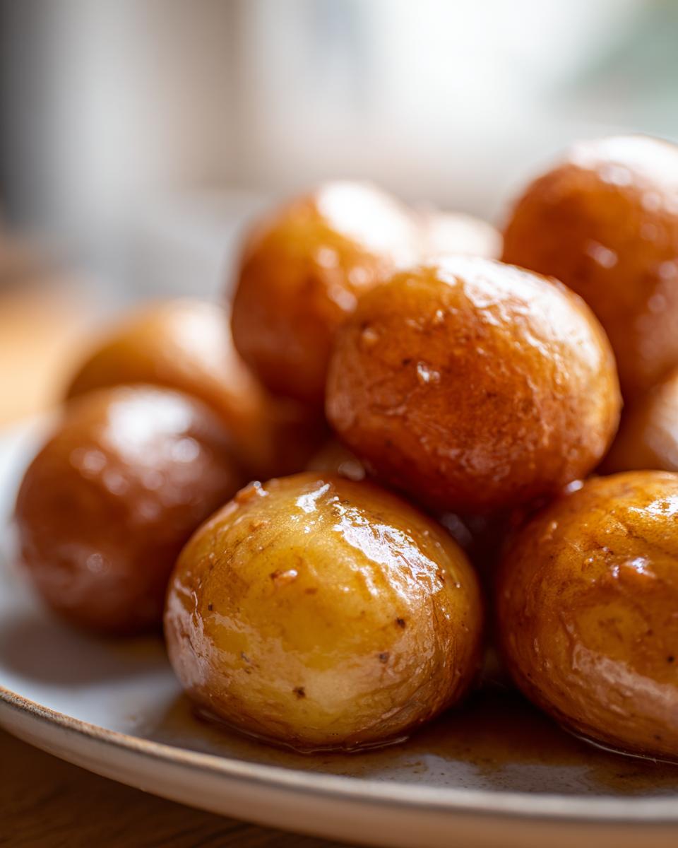 Close-up of glistening Garlic Sauce Baby Potatoes on a plate, showcasing their golden-brown color and sauce.