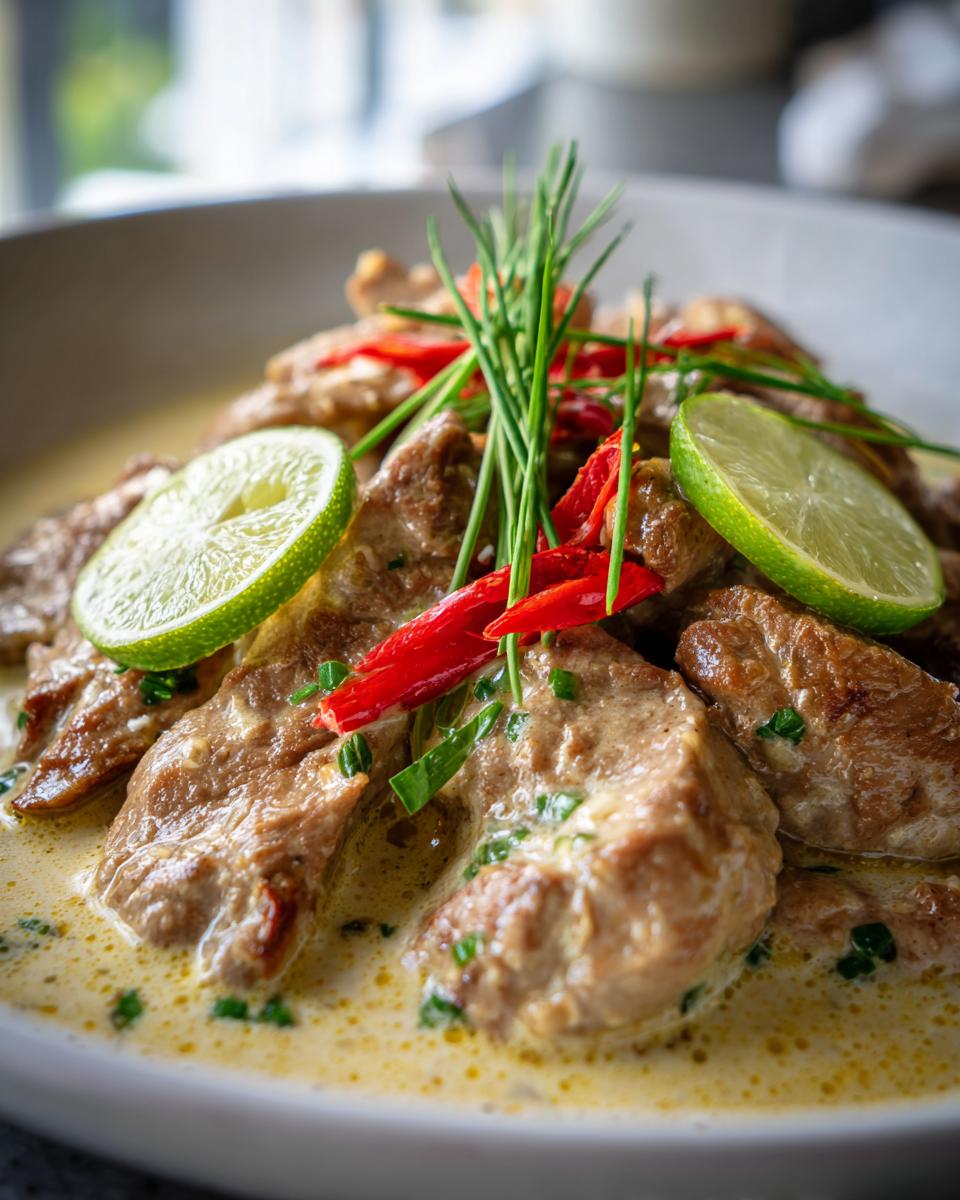 Close-up of Ginger Lime Pork with Coconut in a bowl, garnished with lime wedges and red chili peppers.