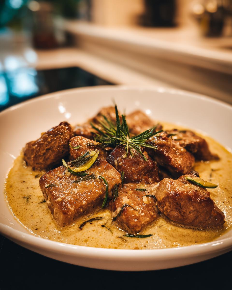 Close-up of Ginger Lime Pork with Coconut dish in a white bowl garnished with rosemary and lime zest.