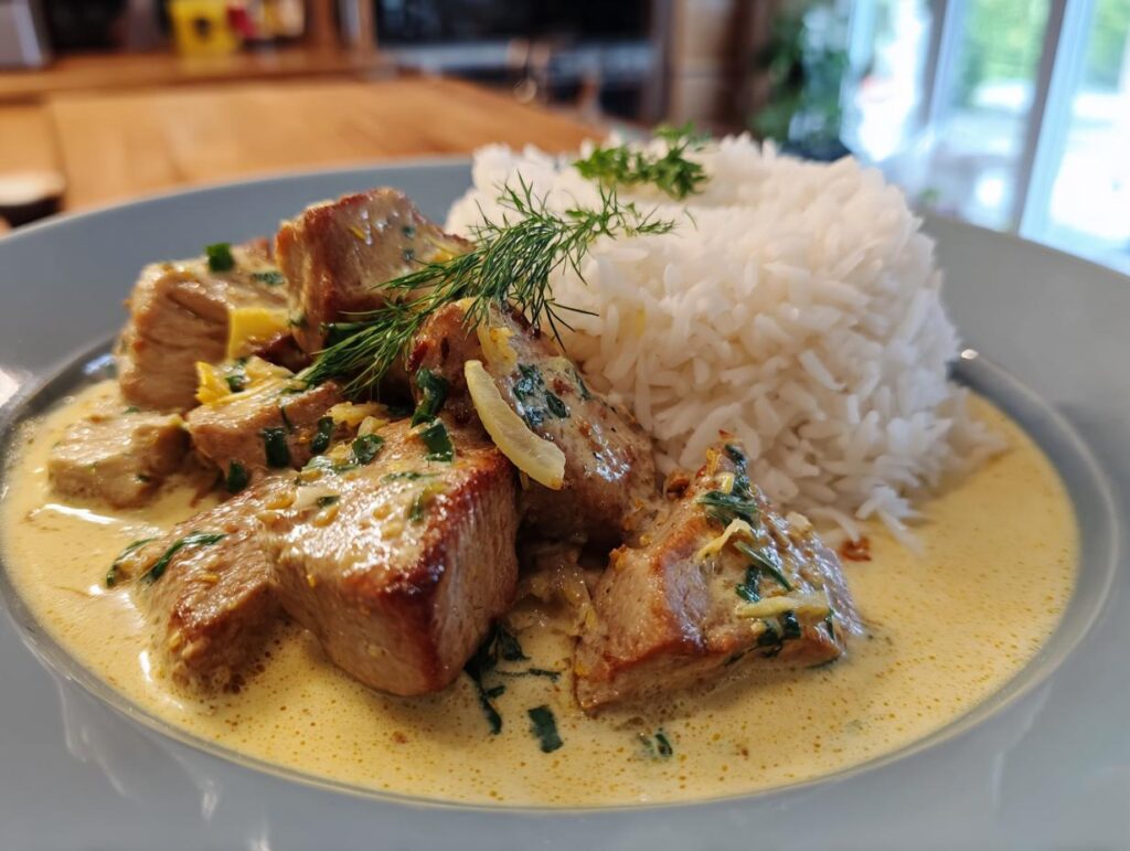 A plate of Ginger Lime Pork with Coconut sauce, served with white rice and garnished with fresh herbs.