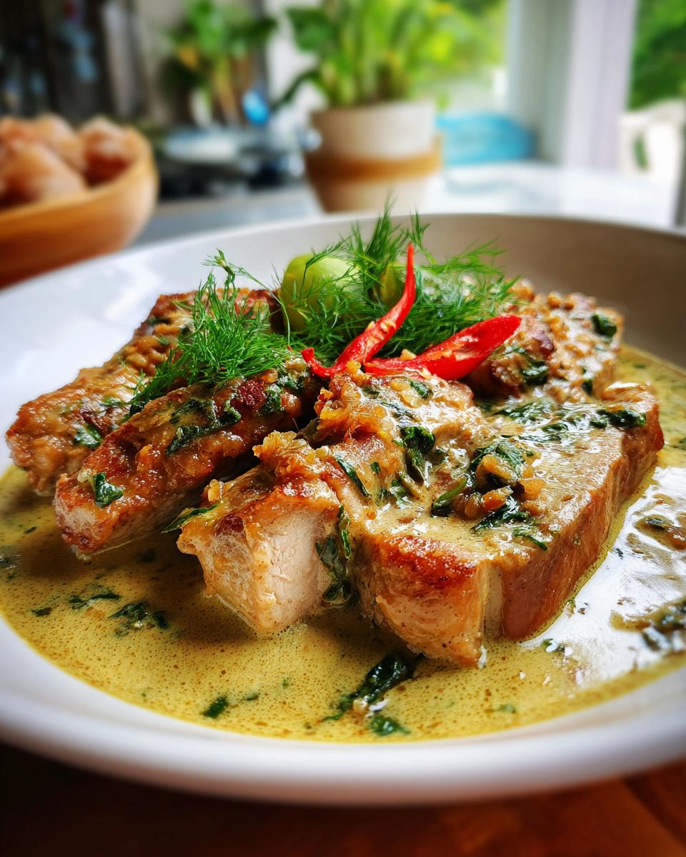 Close-up of Ginger Lime Pork with Coconut, garnished with dill and chili peppers, in a creamy sauce.