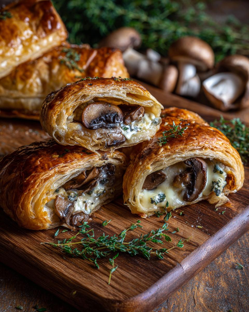Close-up of Goat Cheese & Honey Bites filled with mushrooms, baked in flaky pastry, and garnished with fresh thyme.