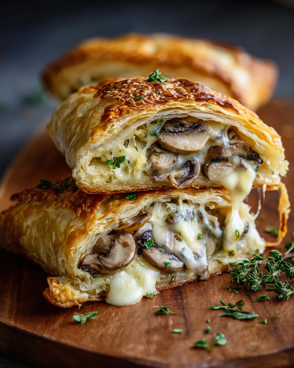 Close-up of stacked Goat Cheese & Honey Bites filled with mushrooms and cheese on a wooden board.