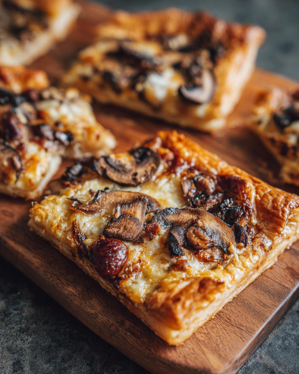 Close-up of Goat Cheese & Honey Bites topped with mushrooms on a wooden board. Delicious appetizer.