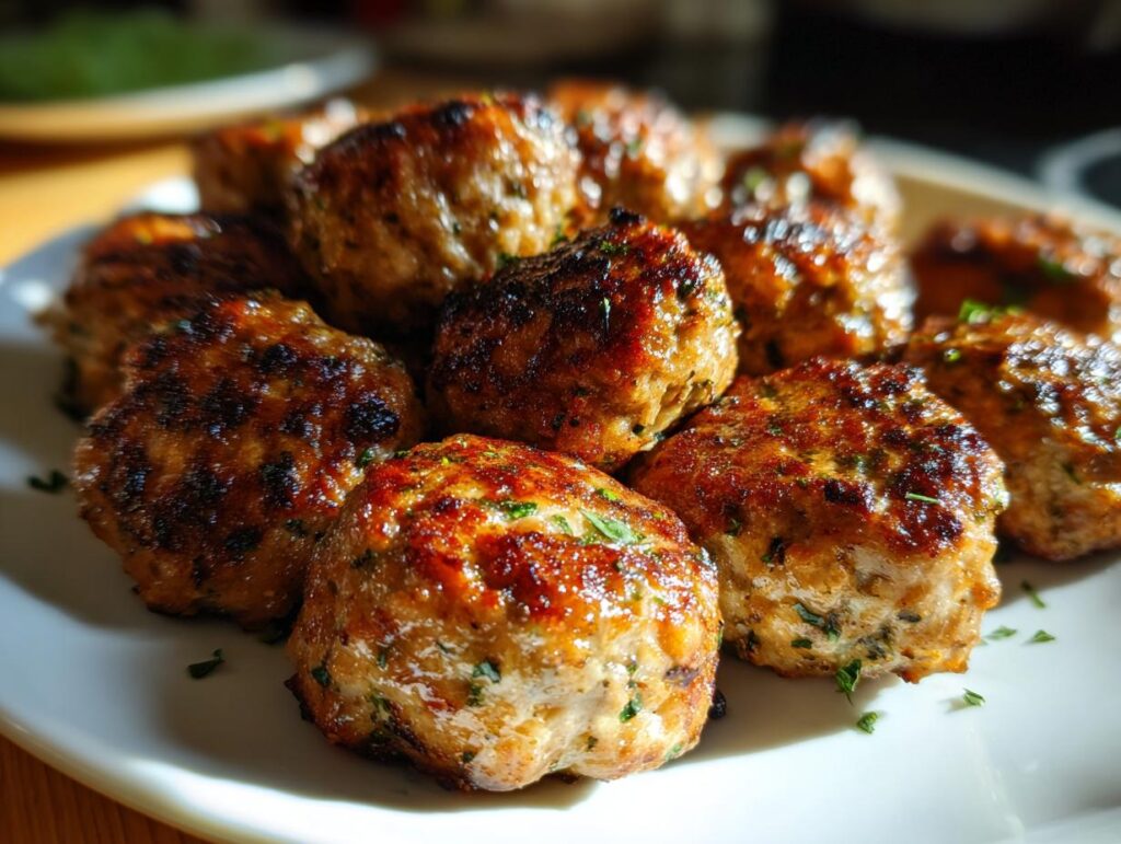 A plate of delicious, golden-brown Greek Chicken Meatballs with Lemon, garnished with fresh herbs.