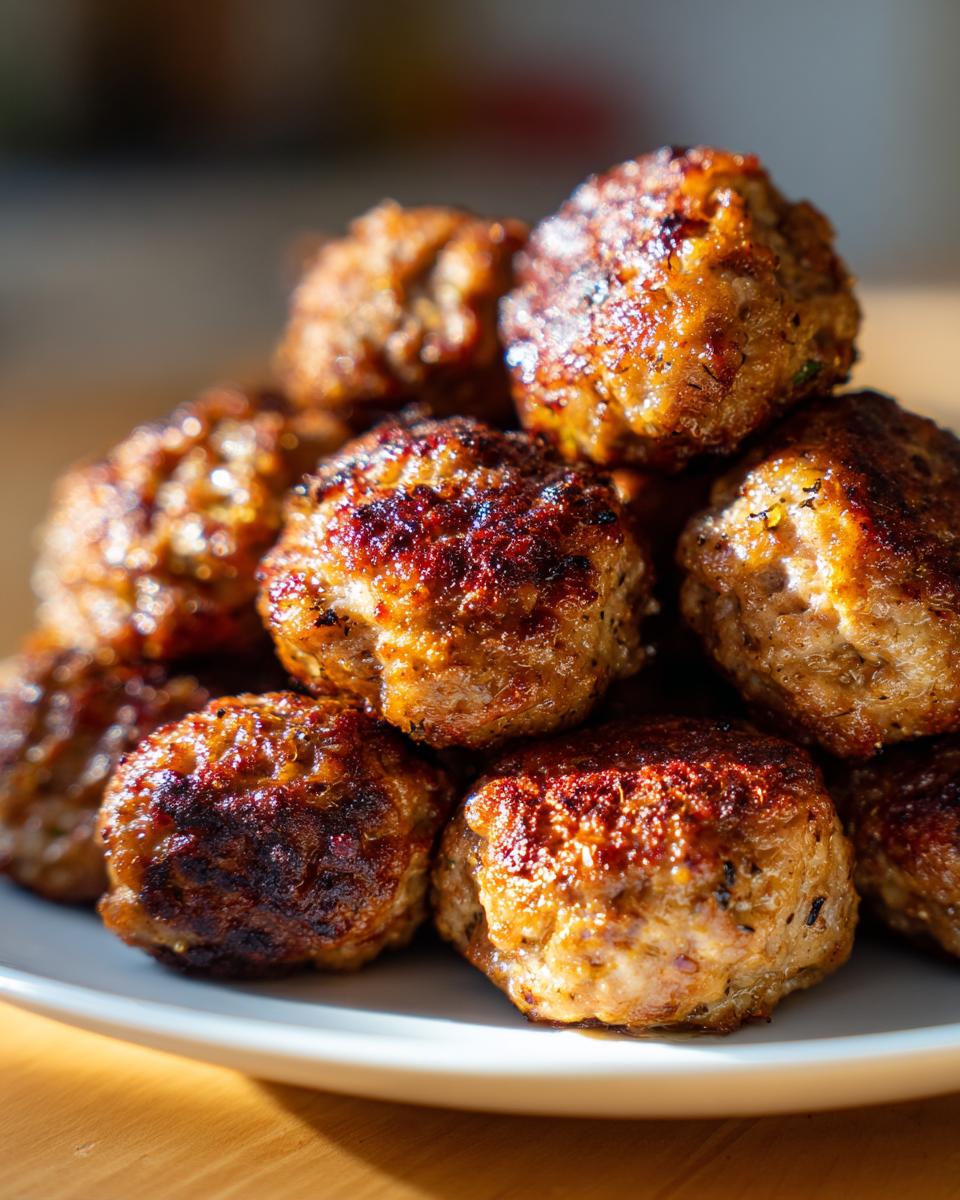 A stack of golden-brown Greek Chicken Meatballs with Lemon on a white plate, ready to be served.