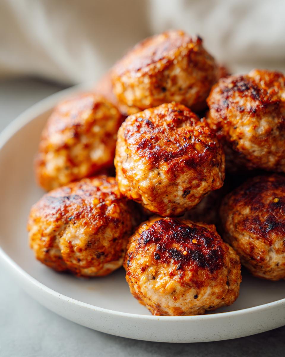 A pile of delicious Greek Chicken Meatballs with Lemon, nicely browned, on a white plate.
