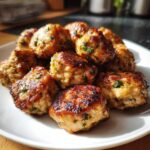 A tempting plate of golden-brown Greek Chicken Meatballs with Lemon, garnished with fresh herbs.