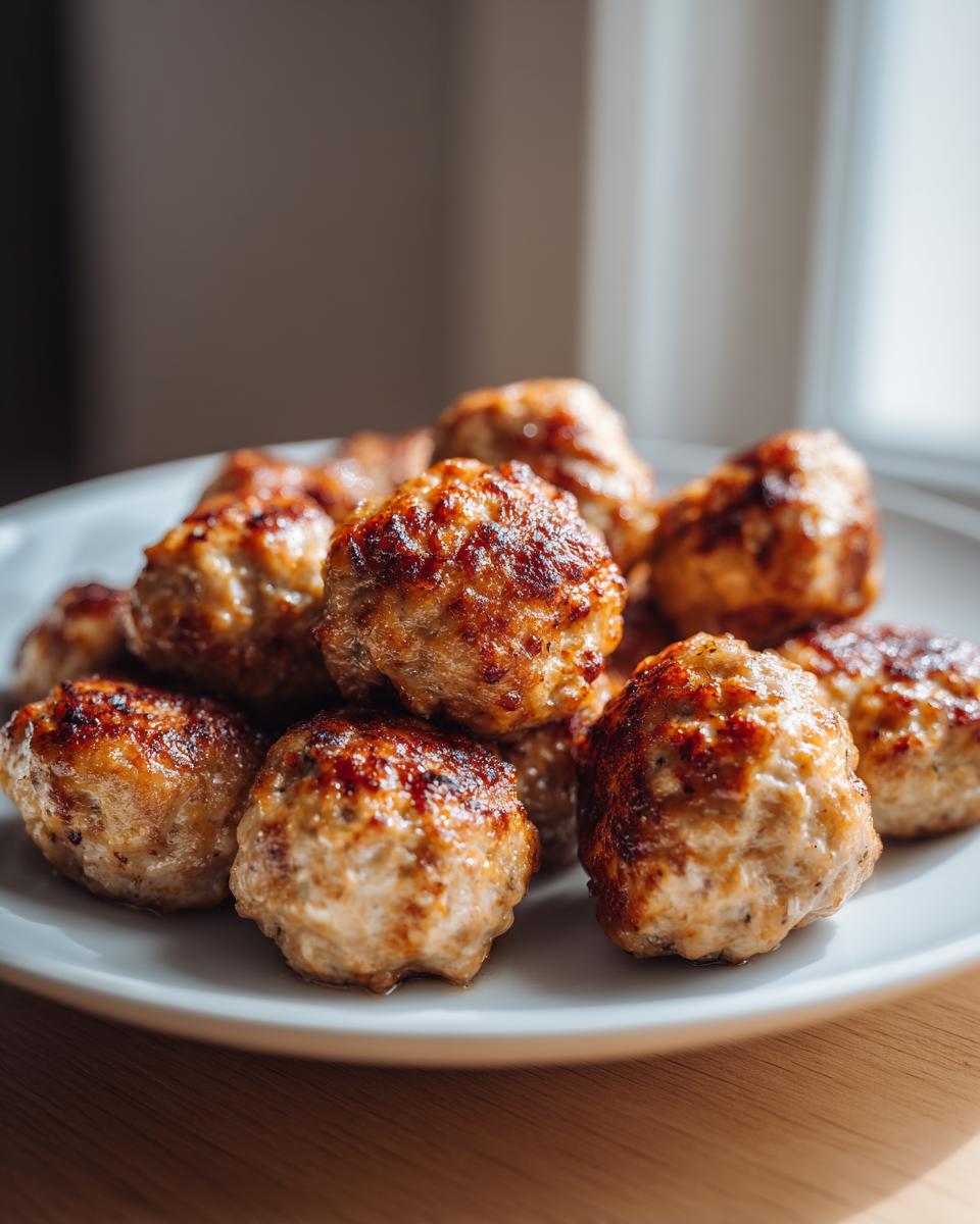 A plate piled high with delicious Greek Chicken Meatballs with Lemon, cooked to a golden brown.