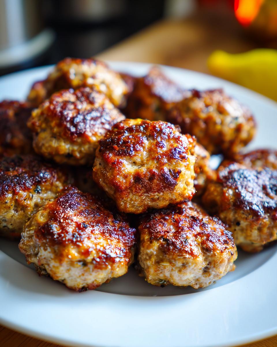 A plate piled high with delicious Greek Chicken Meatballs with Lemon, cooked to a golden brown.