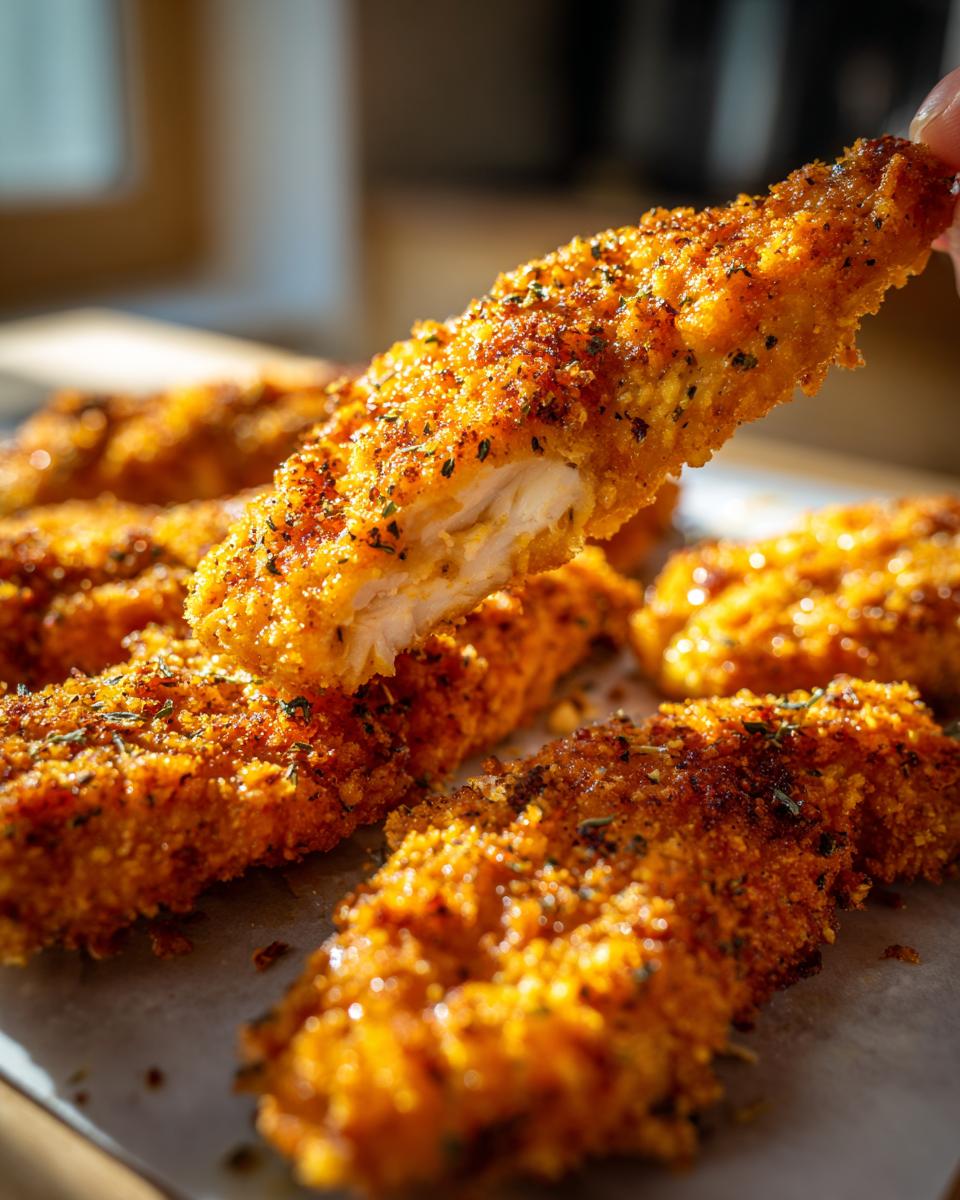 Close-up of golden brown Greek Chicken Tenders, one being held up to show the tender chicken inside.