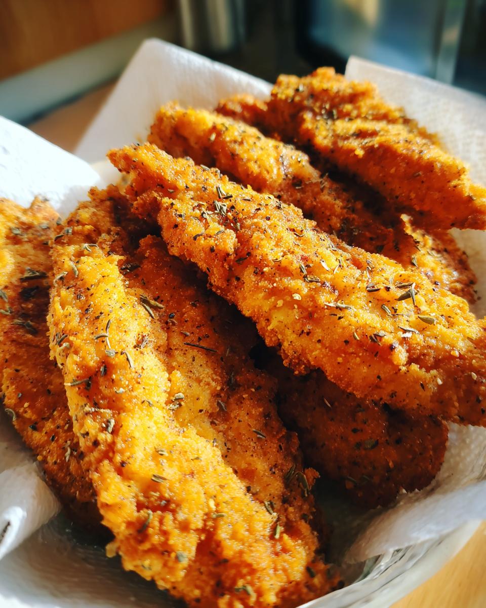 Close-up of golden-brown Greek Chicken Tenders seasoned with herbs, served on a paper towel.