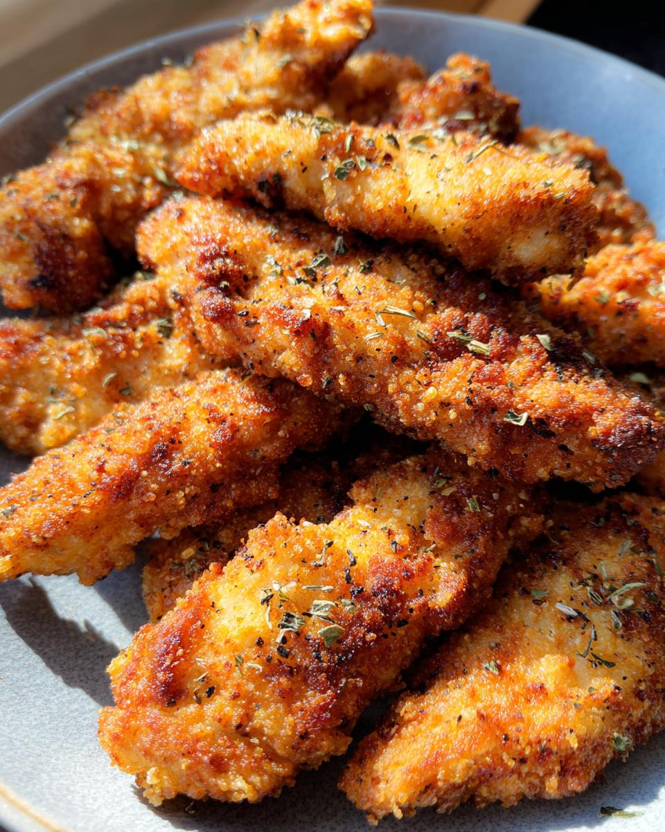 A plate piled high with golden-brown, crispy Greek Chicken Tenders, seasoned with herbs.