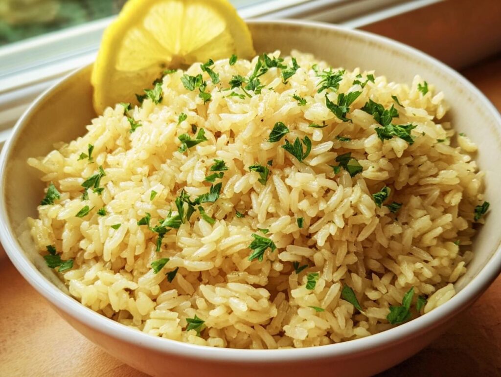 A bowl of Greek Lemon Rice garnished with fresh parsley and a lemon wedge.