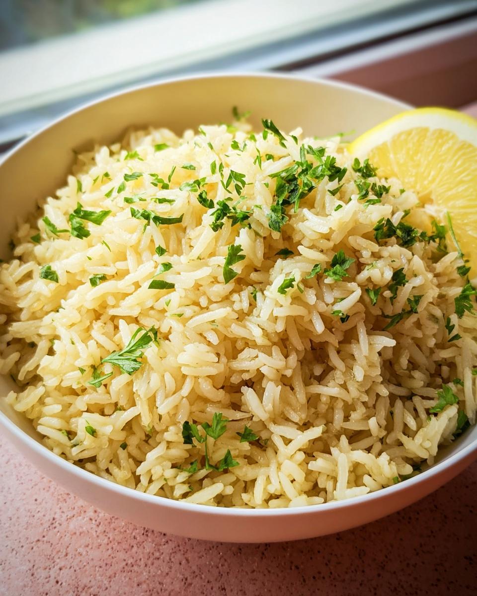 A bowl of Greek Lemon Rice garnished with fresh parsley and a lemon wedge.