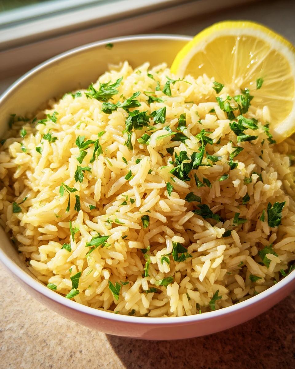 A bowl of fluffy Greek Lemon Rice garnished with fresh parsley and a lemon wedge.
