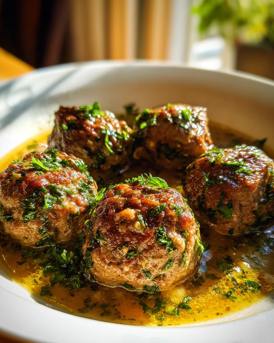 Close-up of five Greek Meatballs in Lemon Sauce, garnished with fresh parsley in a white bowl.