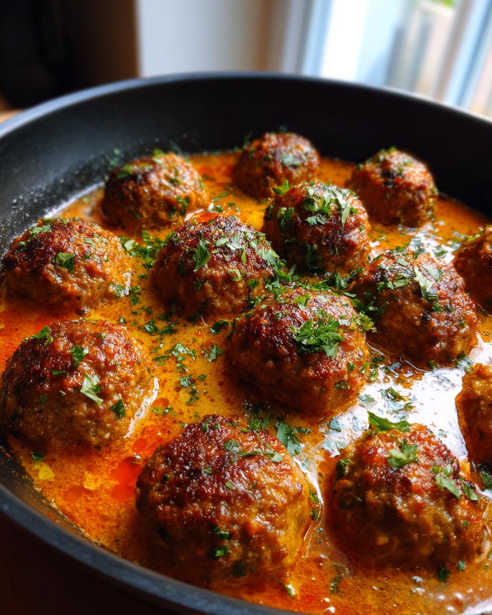Close-up of Greek Meatballs in Lemon Sauce, cooked in a pan and garnished with fresh parsley.