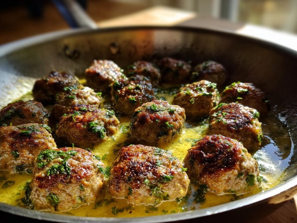 Delicious Greek Meatballs in Lemon Sauce simmering in a pan, garnished with fresh herbs.