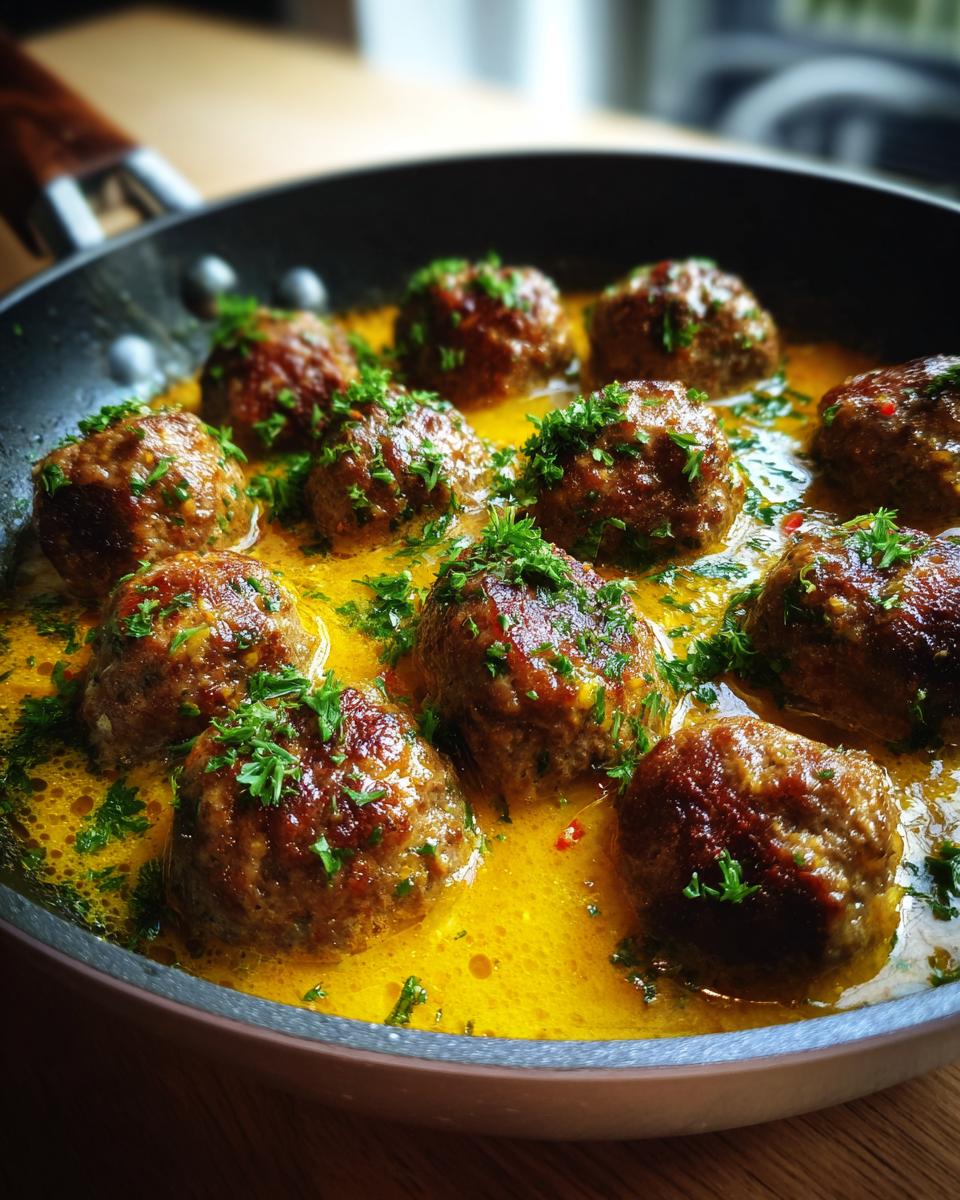 Pan of Greek Meatballs in Lemon Sauce, garnished with fresh parsley.
