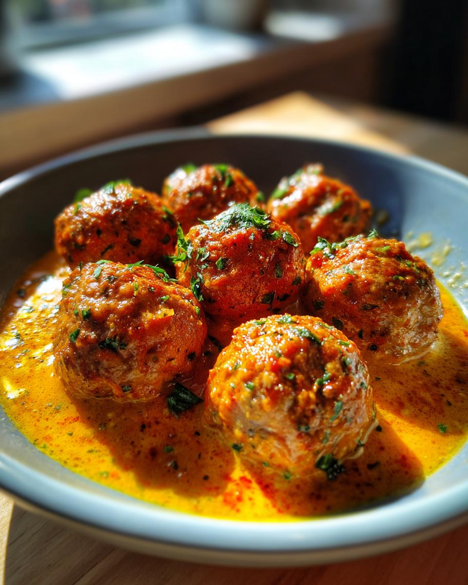 A plate of delicious Greek Meatballs in Lemon Sauce, garnished with fresh herbs.