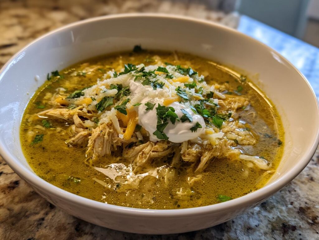 A bowl of Green Enchilada Chicken Soup, topped with cheese, sour cream, and cilantro.