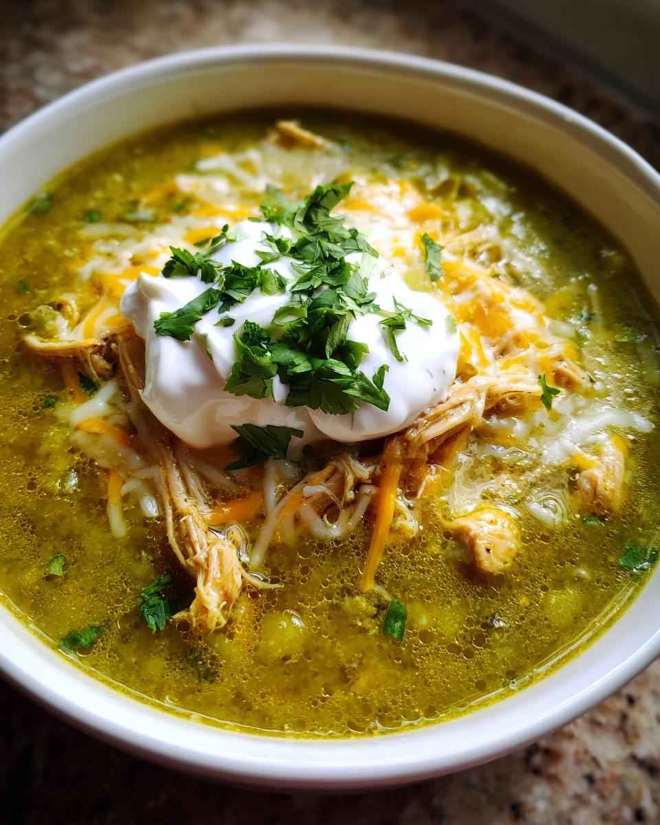 A bowl of Green Enchilada Chicken Soup topped with sour cream, cheese, and cilantro.