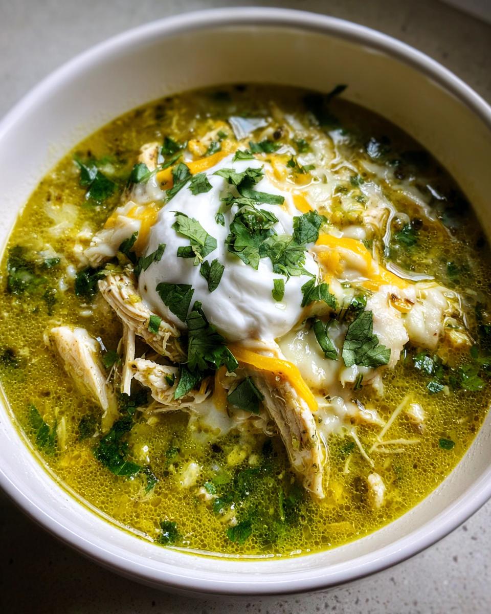 Overhead view of a bowl of Green Enchilada Chicken Soup, topped with sour cream, cheese, and cilantro.
