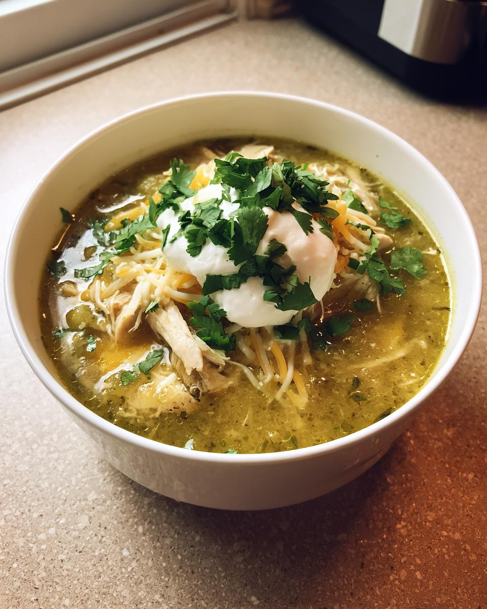 A bowl of Green Enchilada Chicken Soup topped with sour cream, cheese, and fresh cilantro.